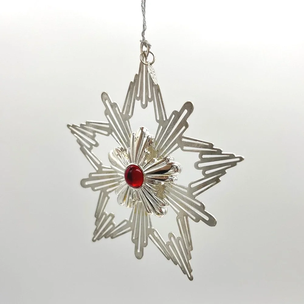 Reed & Barton 2001 Annual Jeweled Star Silverplated Christmas Ornament Red Stone